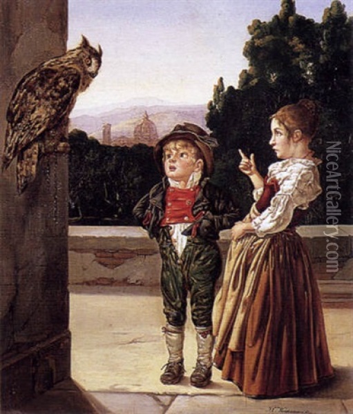 Deux Enfants Au Hibou Oil Painting - Johann Caspar Weidenmann