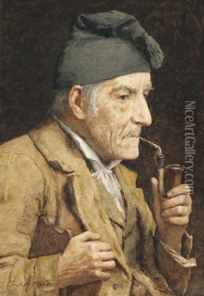 Old Man Smoking His Pipe Oil Painting - Albert Anker