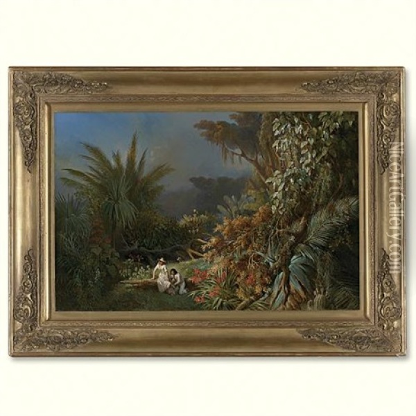 Tropical Landscape With Paul And Virginie Oil Painting - Henri Pierre Leon Pharamond Blanchard
