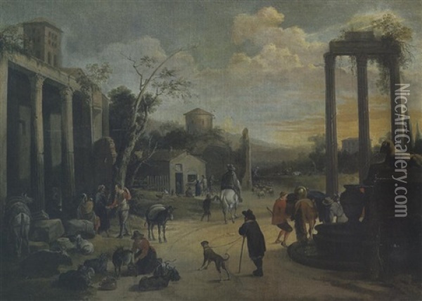 Paysans Et Cavaliers Dans Un Paysage De Ruines Oil Painting - Erasmus de Bie
