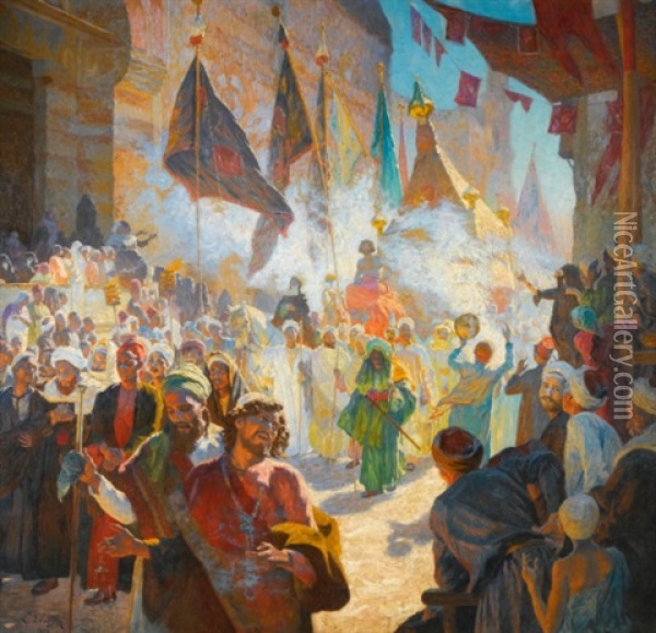 The Procession Of The Mahmal Through The Streets Of Cairo Oil Painting - Ludwig Deutsch