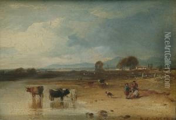 Cattle Watering, In An Extensive Landscape Oil Painting - Horatio McCulloch