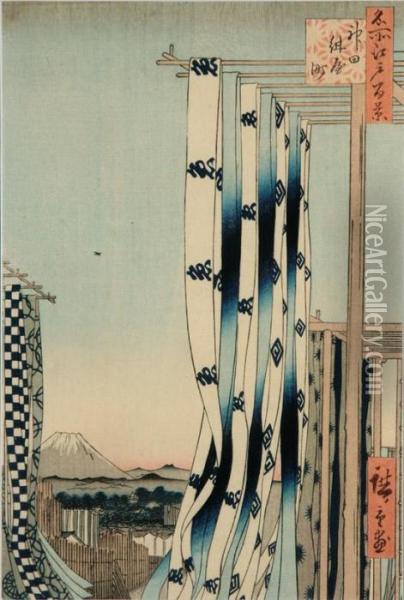 The Dyers' Street In Kanda Oil Painting - Utagawa or Ando Hiroshige