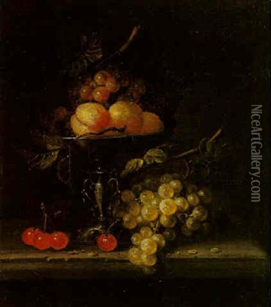 Still Life With Grapes, A Tazza Of Fruit And Cherries On A Ledge Oil Painting - Jan Pauwel Gillemans the Younger