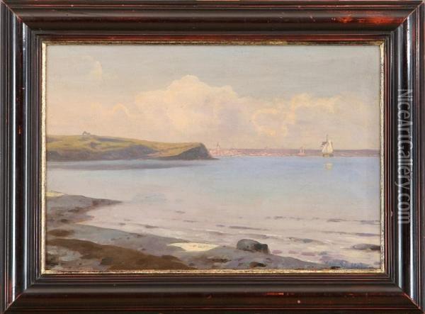 Coastal Scenery With A View To A City Oil Painting - Julius Andersen