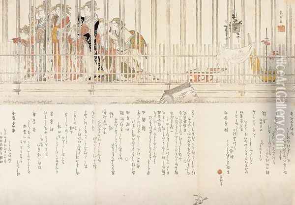Courtesans and a Cuckoo Oil Painting - Katsushika Hokusai