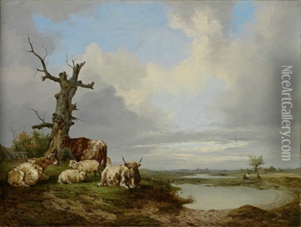Weidelandschaft Mit Schafen Und Rindern Oil Painting - Alexander Hieronymus Bakhuyzen