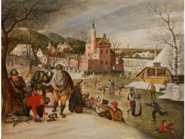 Wintervergnugen Auf Dem Eis, Um 1607 Oil Painting - Abel Grimmer