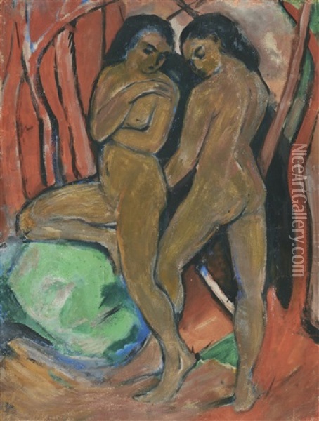Zwei Stehende Madchenakte Mit Grunem Stein (two Standing Nudes With Green Rock) - Recto Zwei Pferde (two Horses) - Verso Oil Painting - Franz Marc
