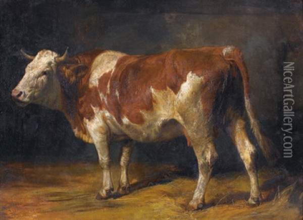 Kuh Im Stall Oil Painting - Johann Rudolf Koller