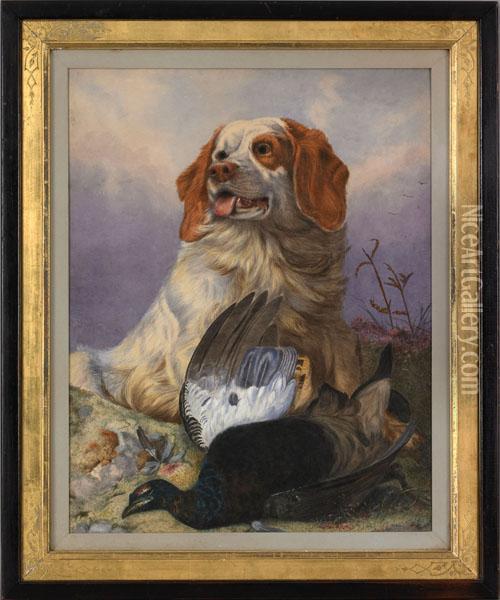 Spaniel And A Pheasant In A Landscape Oil Painting - Richard Ansdell