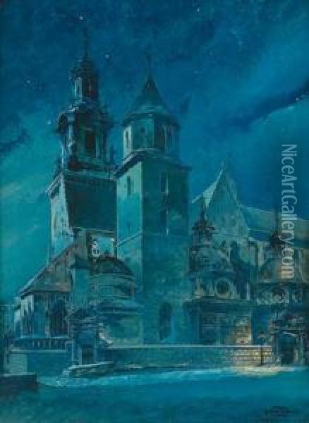 A Church In Wawel Castle In Krakov At Night Oil Painting - Feri Schwarz