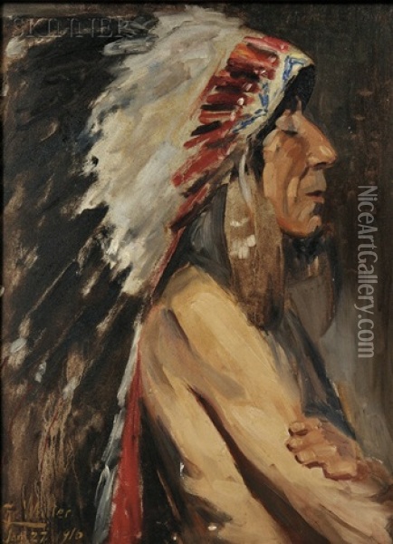Profile Of A Native American In A Feather Headdress Oil Painting - Christian J. Walter