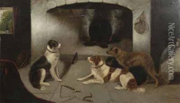 Cottage Interior With Dogs By An Open Fire Oil Painting - Edward Armfield