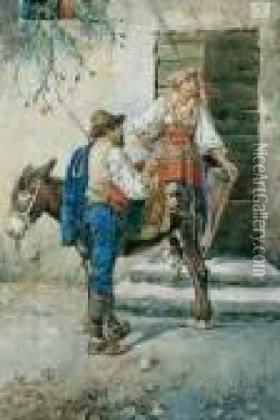 Italienisches Bauernpaar Mit Einem Esel. Oil Painting - Mariano Jose Maria Bernardo Fortuny y Carbo
