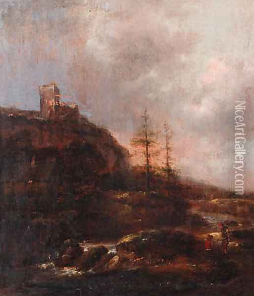 Boors on a riverbank near a waterfall, a ruined castle on a mountain beyond Oil Painting - Claes Molenaar (see Molenaer)