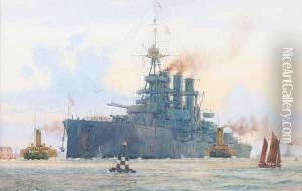 H.m.s Tiger, Battle Cruiser 28,000 Tons Oil Painting - Harold Swanwick