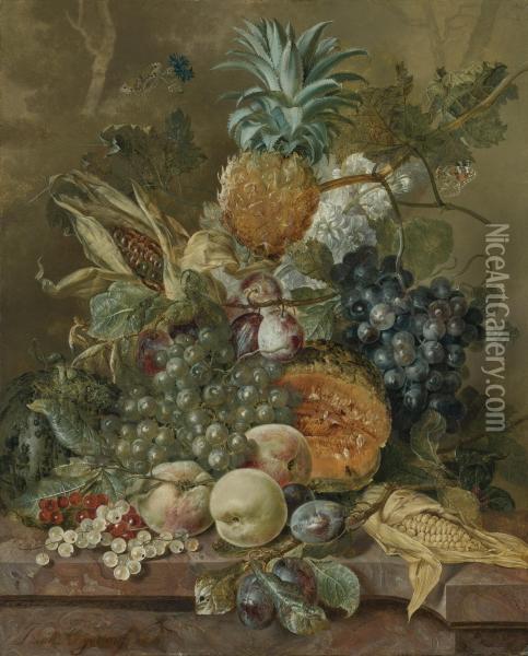 A Pineapple, Plums, Grapes And Other Fruit With Corn On A Marble Ledge Oil Painting - Johannes or Jacobus Linthorst