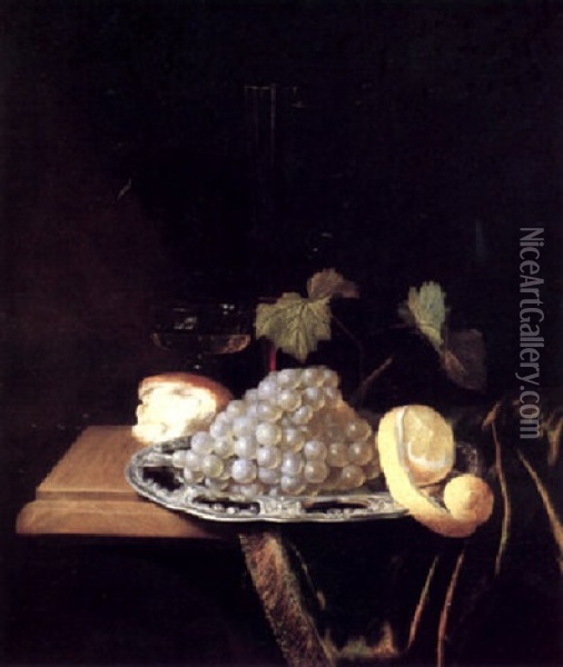 Still Life With Grapes And A Partially Peeled Lemon On A Silver Platter, Wine Glasses And A Bread Roll, All On A Draped Table Oil Painting - Pieter Nason
