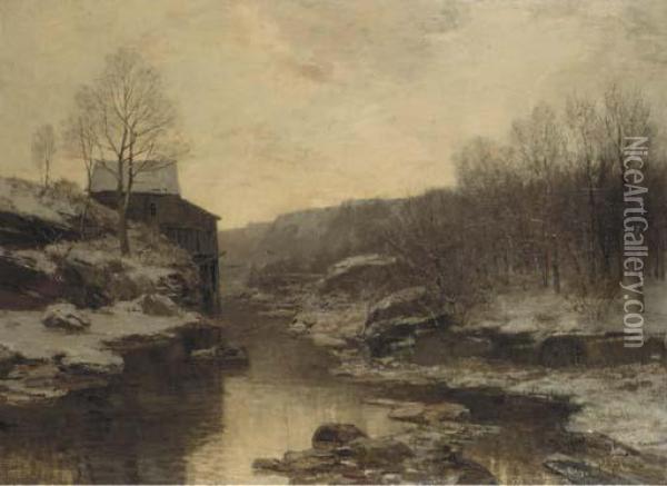 Hollandische Wassermuhle: A Watermill In Winter Oil Painting - Ferdinand Bernhard Hoppe