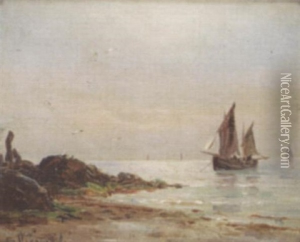 Shipping Off A Coastline Oil Painting - Gustave de Breanski