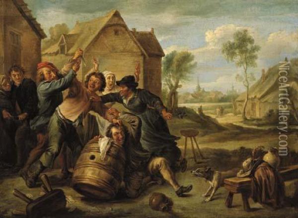 Boors Fighting Over Cards By An Inn Oil Painting - David The Younger Teniers
