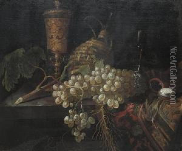 An Elaborately Decorated Vase, A Pocket Watch, Grapes, A Carafe And A Glass Cup On A Partially Draped Table Oil Painting - Pieter Gerritsz. van Roestraten