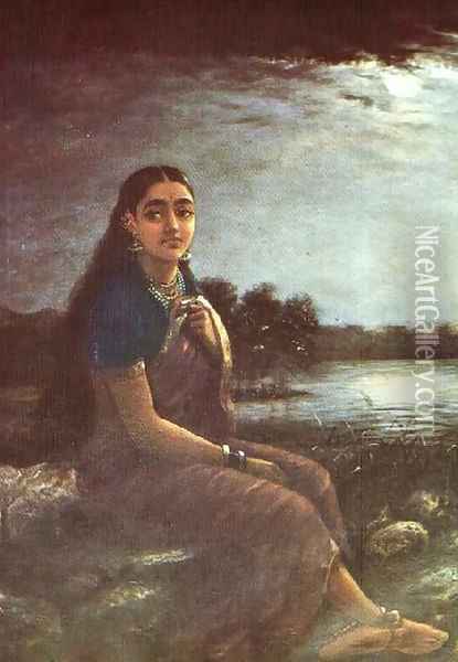 Lady in the Moon Light Oil Painting - Raja Ravi Varma