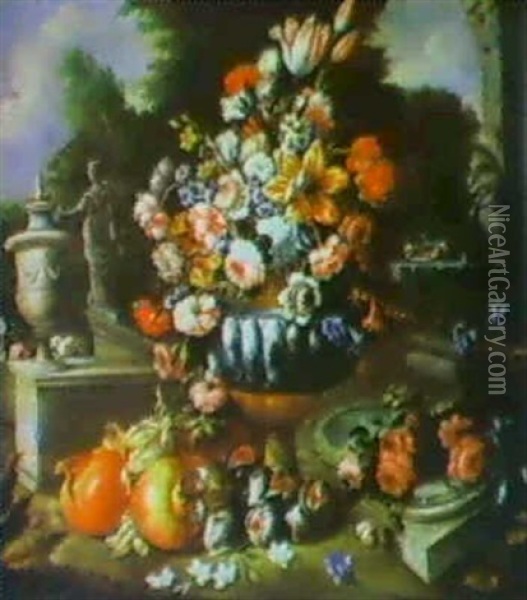Still Life With A Vase Of Flowers, Pomegranates And Figs In A Landscape With Clasical Statuary Oil Painting - Gasparo Lopez
