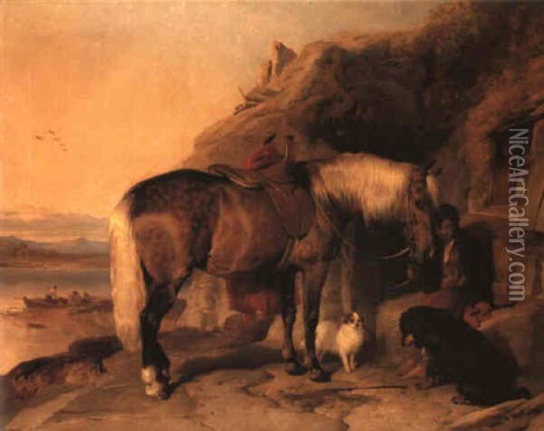 Favourite Pony And Dogs Oil Painting - Sir Edwin Henry Landseer