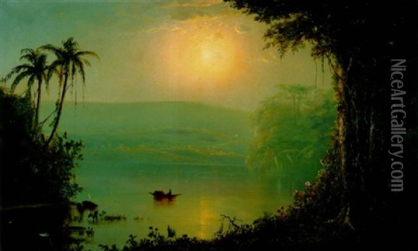 Tropical River Landscape With A Native In A Canoe Oil Painting - Norton Bush