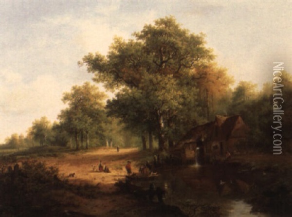 A Summer Landscape With Figures By A Watermill Oil Painting - Johannes Warnardus Bilders
