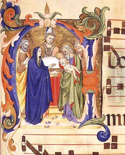 Ms 572 f.88r Historiated initial 'N' depicting the Presentation in the Temple from an antiphon from Santa Maria del Carmine, Florence Oil Painting - Don Simone Camaldolese