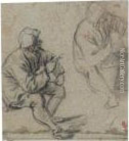 Recto: Two Studies Of Seated Peasants Oil Painting - Adriaen Jansz. Van Ostade