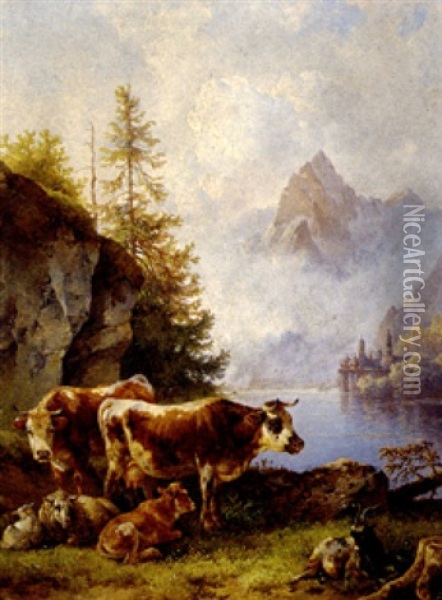 Rastende Kuhe, Kalb, Schafe Und Ziege Am Ufer Eines Malerischen Gebirgsees (konigssee?) Oil Painting - Edmund Mahlknecht