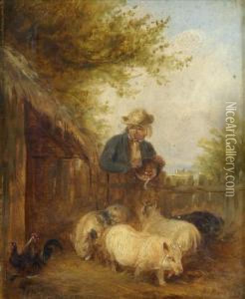 Feedingthe Pigs; A Barn Interior A Pair Oil Painting - Edmund Bristow