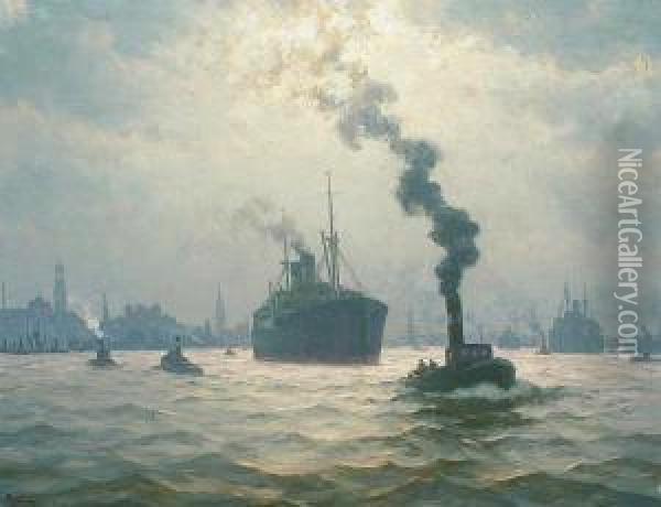 Dampfer Im Flensburger Hafen Oil Painting - Alexander Eckener