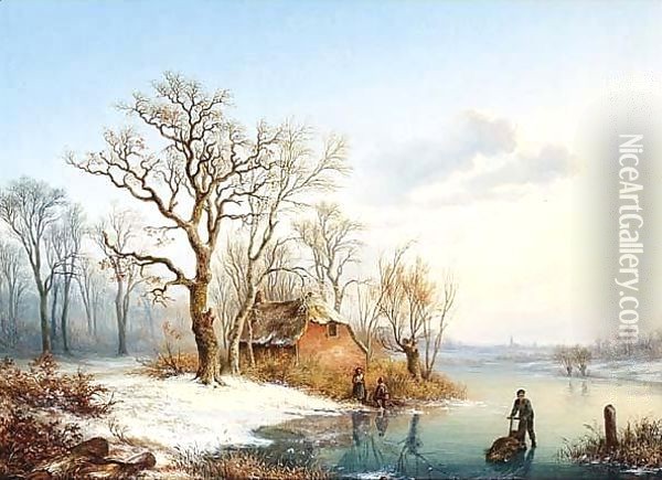 A Winter Landcape With Figures On A Frozen River Oil Painting - Paul Joseph Constantine Gabriel