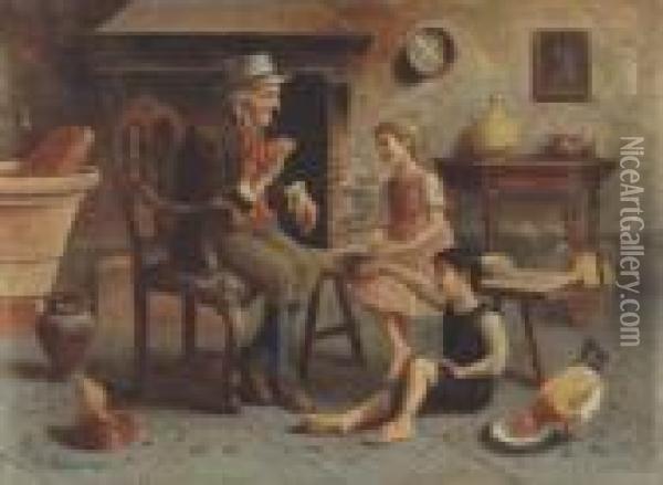 Grandfather Telling A Tale Oil Painting - Lajos Kolozsvary