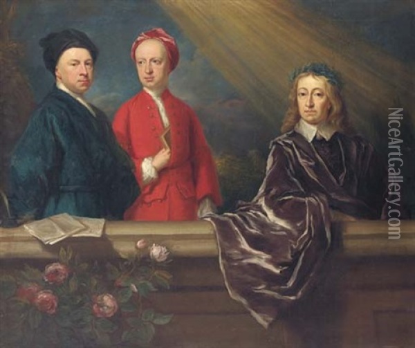 Portrait Of The Artist And His Son, Jonathan, With John Milton On A Balcony Oil Painting - Jonathan Richardson