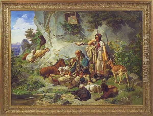 Chevriere Et Musicien Italian Au Pied D'un Oratoire Oil Painting - Franz Bohumir Zverina