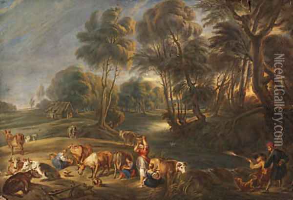 Landscape with milkmaids and huntsmen Oil Painting - John Constable
