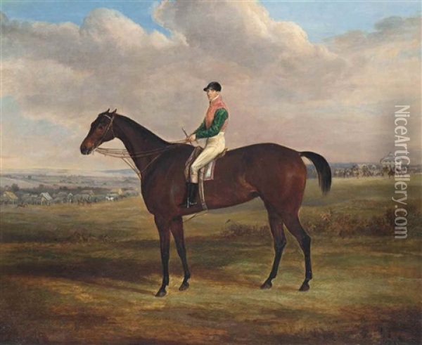 Bay Racehorse With Jockey Up, With A Pavilion Beyond Oil Painting - William Webb