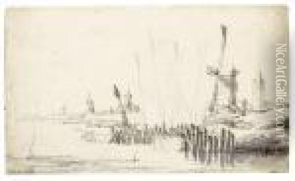 Estuary Scene With Windmills And Church Towers Oil Painting - Willem van de, the Elder Velde