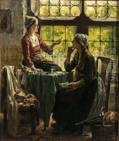 A Pause In The Afternoon's Sewing Oil Painting - Edward Antoon Portielje