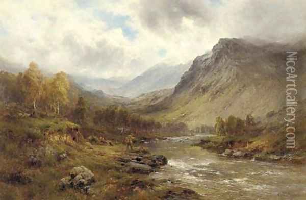 A Perthshire salmon river Oil Painting - Alfred de Breanski
