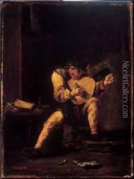 Man Playing An Instrument Oil Painting - Cornelius Krieghoff