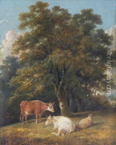 Cattle Andsheep Resting Beneath A Tree Oil Painting - Aster R.C. Corbould