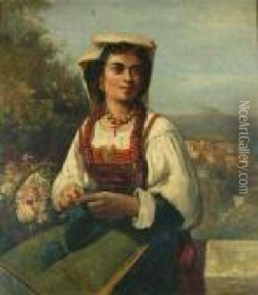Italian Peasant Woman Knitting Oil Painting - William Keith