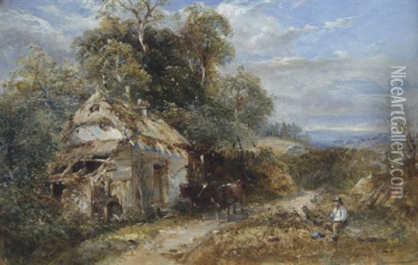 A Shed At The Edge Of A Wood, With A Boy And Two Cows On A Path Oil Painting - Samuel Bough